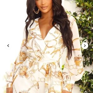 Fashion Nova White and Gold Chain Print Dress